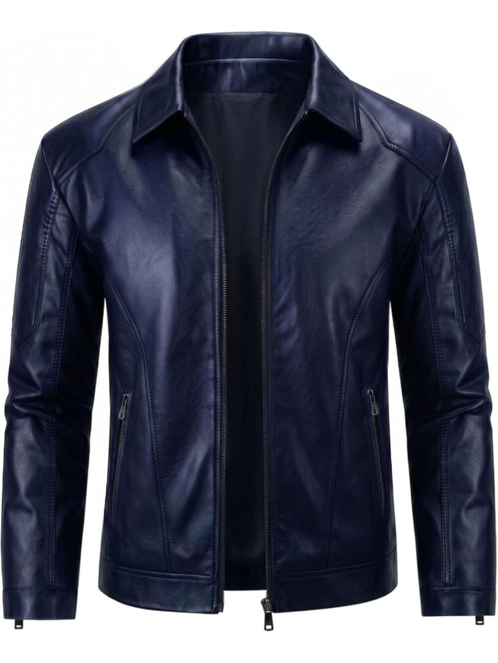 Men’s Blue Faux Leather Motorcycle Biker Jacket Turn Down Collar Zip Front Coat